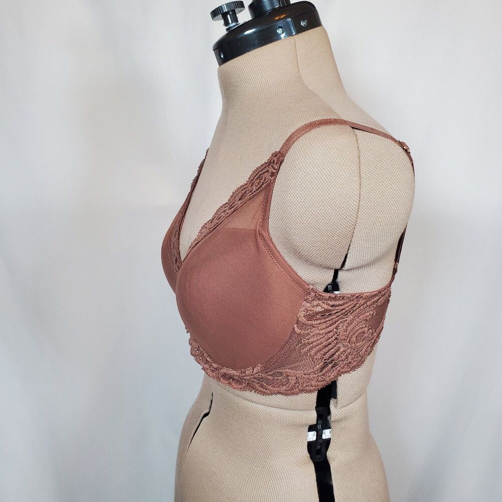 Natori Women’s Feathers Plunge Bra 34DD Mauve Brown Lace Underwire Light Padding - Picture 3 of 7